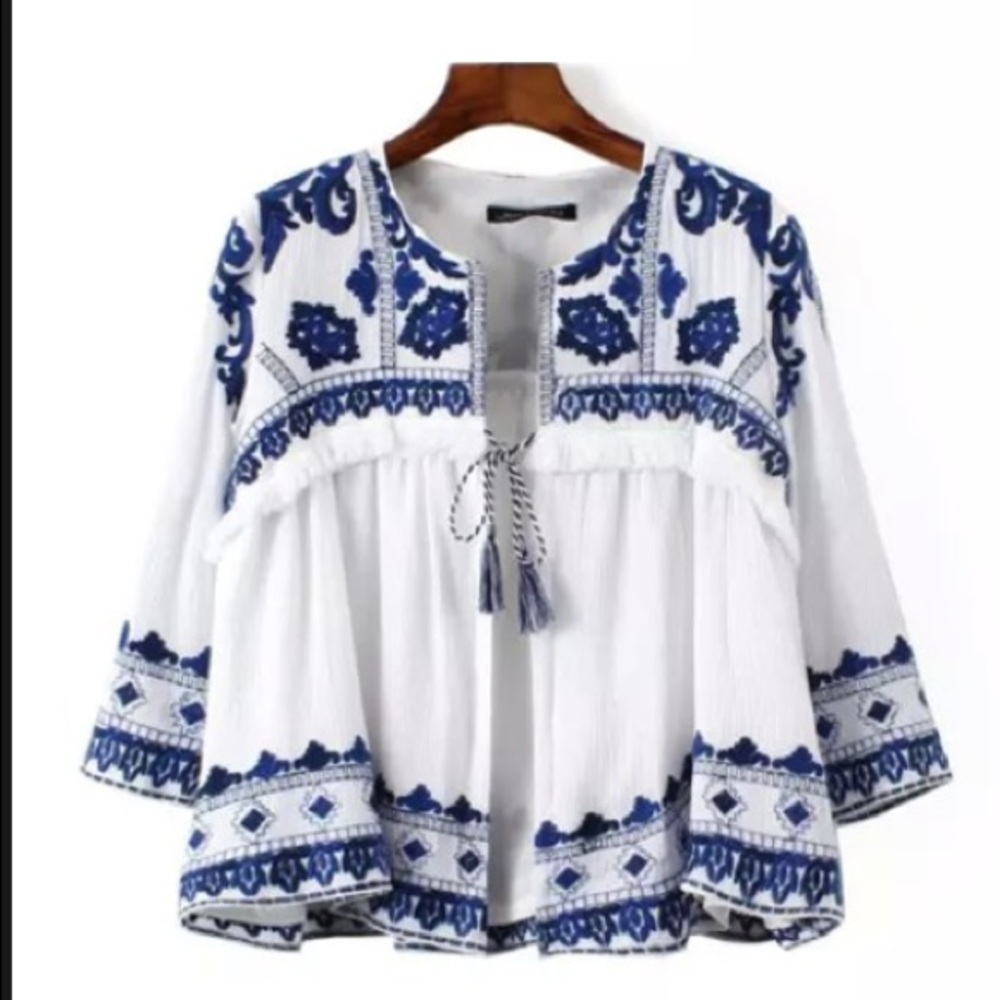 Blue embroidered cotton cape jacket with tassels - Picture 2 of 4